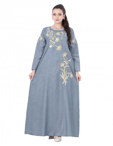 Grey jalabiya with elegant side floral embroidery.