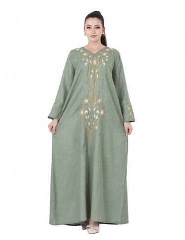 Olive jalabiya with luxurious central embroidery.