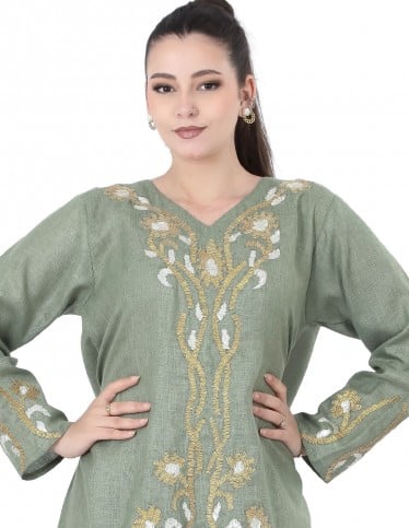 Olive jalabiya with luxurious central embroidery.