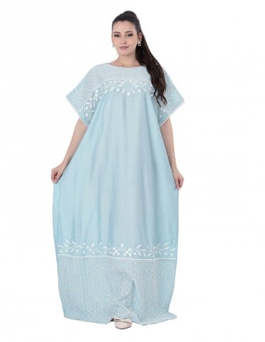Sky blue kaftan jalabiya with embroidered yoke.