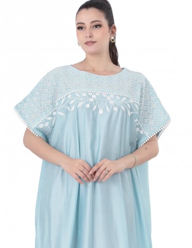 Sky blue kaftan jalabiya with embroidered yoke.