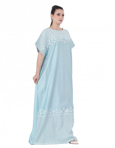 Sky blue kaftan jalabiya with embroidered yoke.