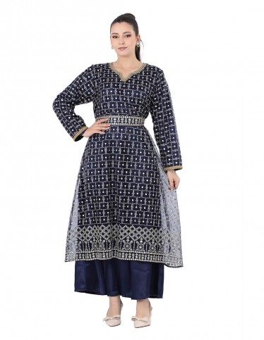 Navy embellished jalabiya with sheer overlay.