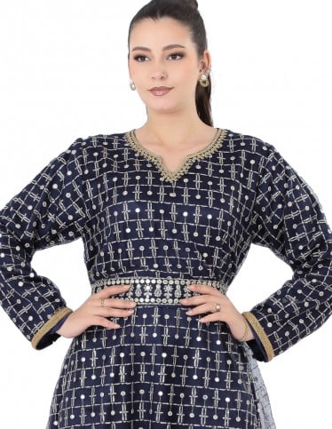 Navy embellished jalabiya with sheer overlay.
