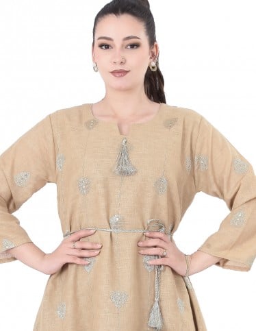 Beige Embroidered Jalabiya with Silver Thread & Tassel Belt