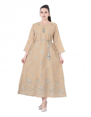 Beige Embroidered Jalabiya with Silver Thread & Tassel Belt