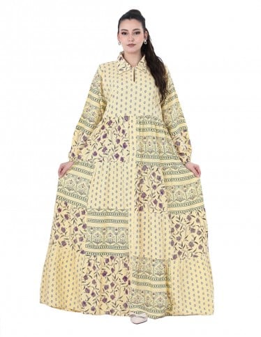 Boho Patchwork Print Jalabiya in Yellow with Shirt Collar