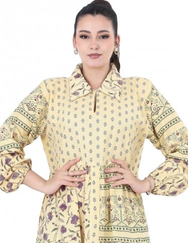 Boho Patchwork Print Jalabiya in Yellow with Shirt Collar