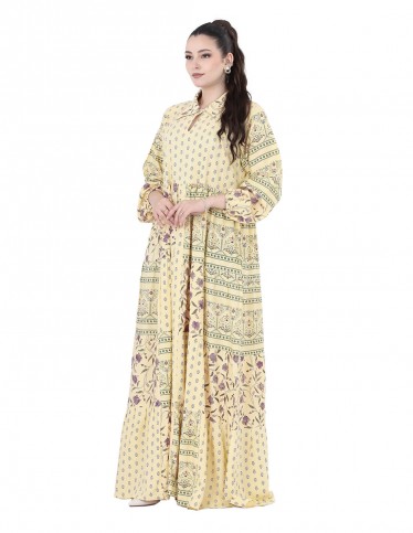 Boho Patchwork Print Jalabiya in Yellow with Shirt Collar