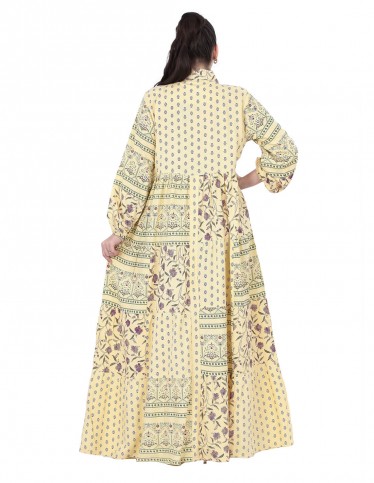 Boho Patchwork Print Jalabiya in Yellow with Shirt Collar