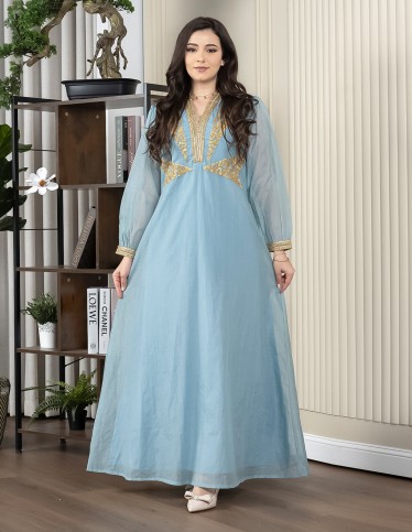 Long-Sleeve Luxurious Jalabiya with Golden Chest Embroidery
