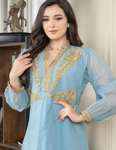 Long-Sleeve Luxurious Jalabiya with Golden Chest Embroidery