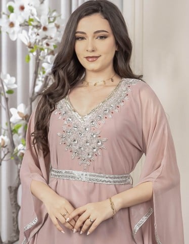 Wide-Open Sleeve Jalabiya with Silver Stone Embroidery
