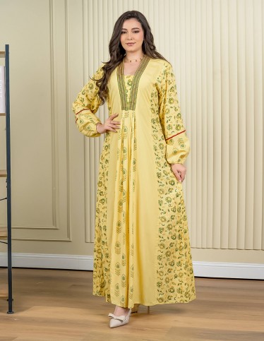 Long-Sleeve Jalabiya with Side Floral Print