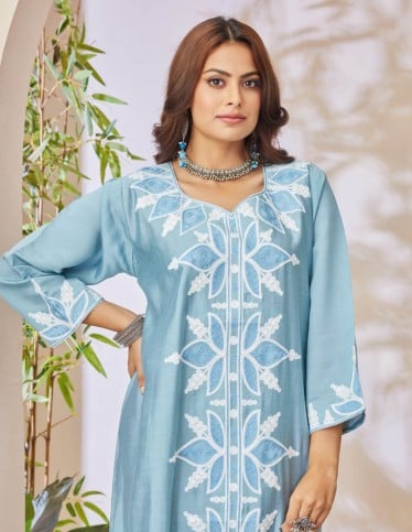 Sky blue jalabiya with embroidery.