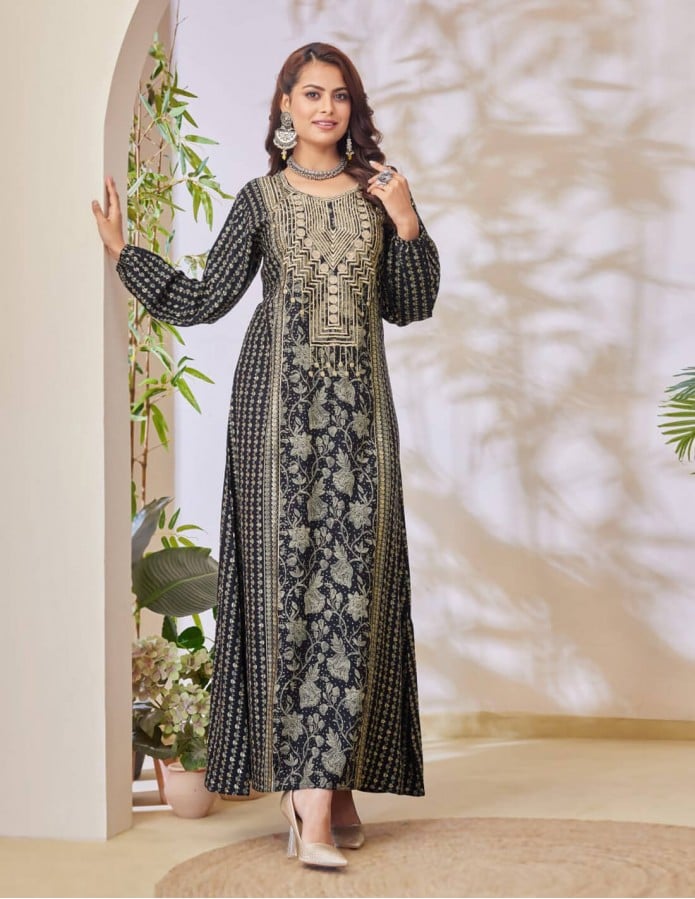 Black jalabiya with golden embroidery.