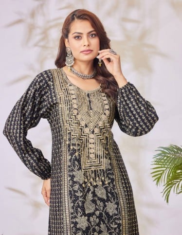 Black jalabiya with golden embroidery.