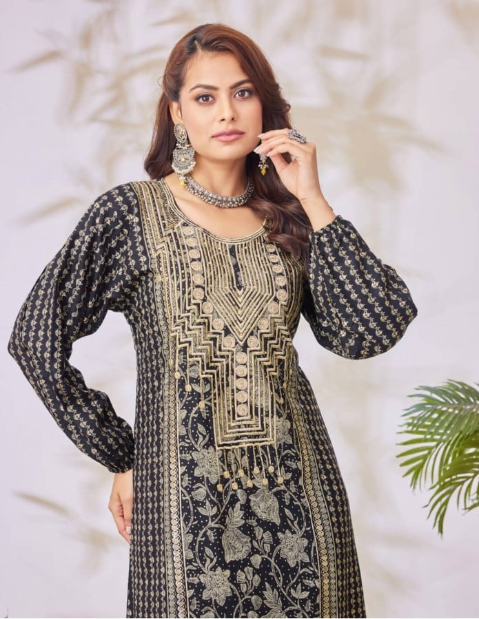 Black jalabiya with golden embroidery.