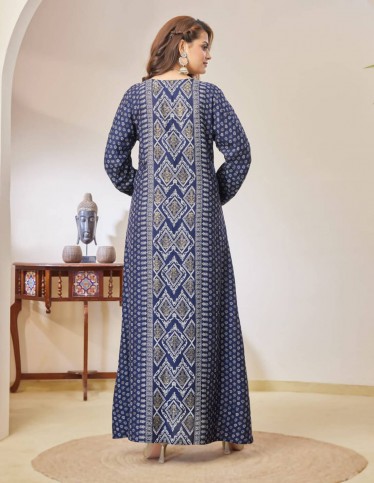 Navy jalabiya with geometric embroidery.