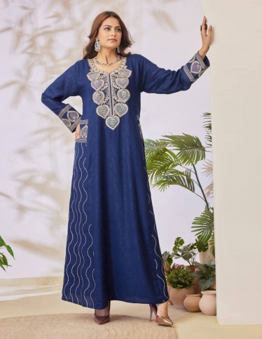 Navy jalabiya with distinctive embroidery.