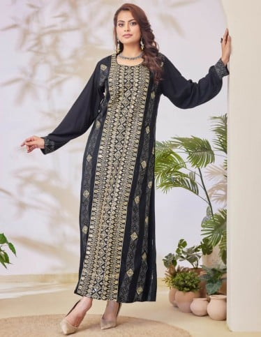 Black jalabiya with geometric embroidery.