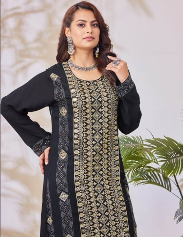 Black jalabiya with geometric embroidery.