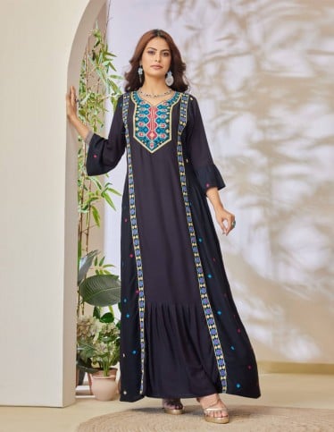 Black jalabiya with multicolor embroidery.