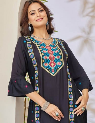 Black jalabiya with multicolor embroidery.