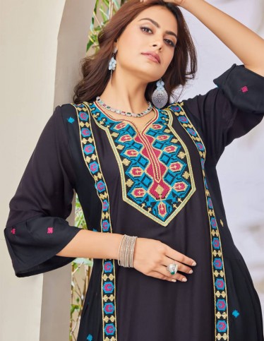 Black jalabiya with multicolor embroidery.