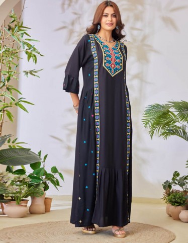 Black jalabiya with multicolor embroidery.