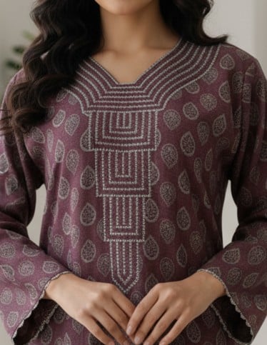 Maroon Patterned Jalabiya with Geometric Embroidery