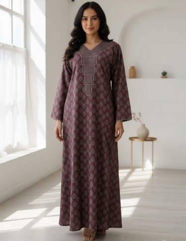 Maroon Patterned Jalabiya with Geometric Embroidery