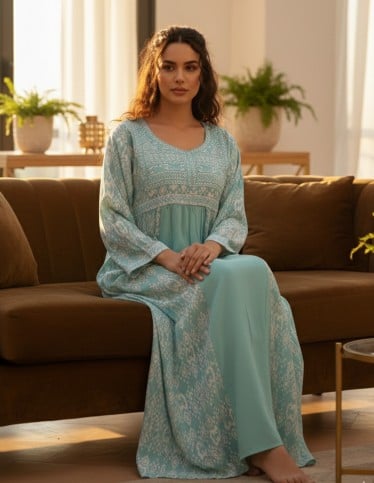 Green Jalabiya with Silver Embroidery