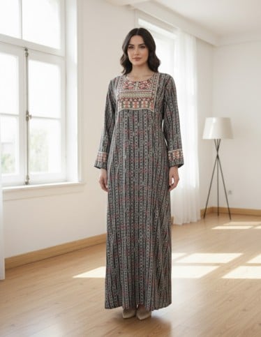 Sky Blue Silk Jalabiya with Silver Embroidery