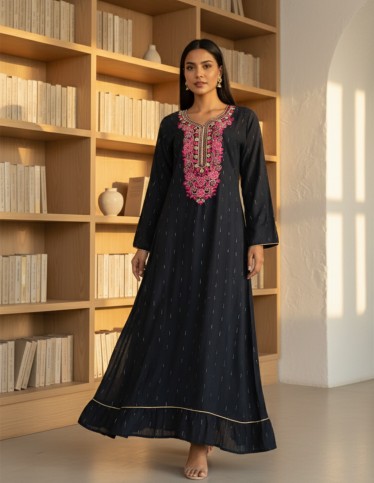 Grey Silk Jalabiya with Hand Embroidery