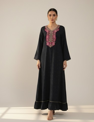 Grey Silk Jalabiya with Hand Embroidery