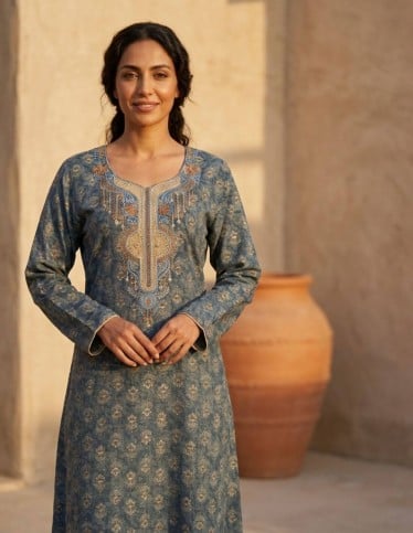 Blue-gray jalabiya with gold embroidery