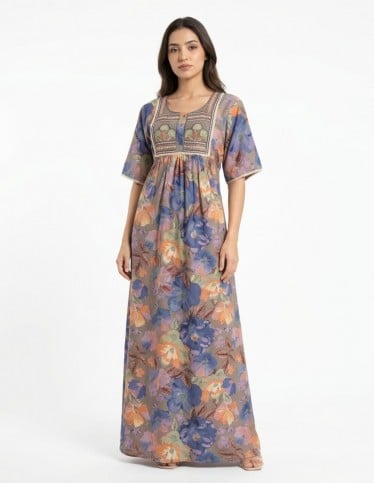 Lavender Floral Daily Jalabiya with Colorful Embroidery & Lace Trim.