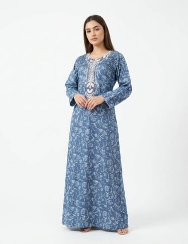 "Comfort" Soft Home Jalabiya with Classic Embroidered Yoke and Gathered Detail.