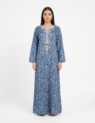 "Comfort" Soft Home Jalabiya with Classic Embroidered Yoke and Gathered Detail.