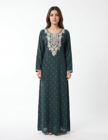 "Nukhba" Floral Jalabiya with Direct Embroidery on Chest & Sleeves.