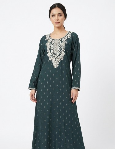 "Nukhba" Floral Jalabiya with Direct Embroidery on Chest & Sleeves.
