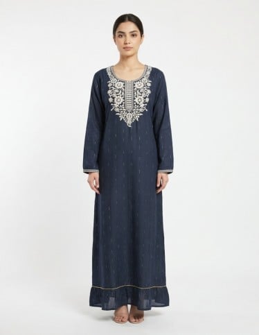 "Lujain" Plain Jalabiya with Silver Kasab fabric  & Flared Hem.