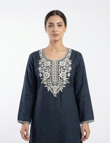 "Lujain" Plain Jalabiya with Silver Kasab fabric  & Flared Hem.