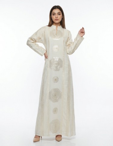 Elegant Embroidered Women’s Jalabiya – Off White Full-Length Design
