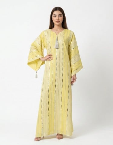 Luxury Reception Jalabiya with Flare Sleeves and Sequin Embroidery.