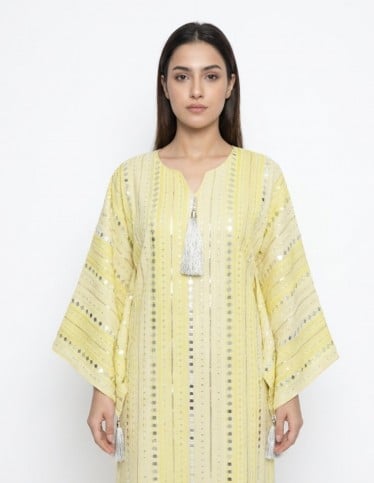 Luxury Reception Jalabiya with Flare Sleeves and Sequin Embroidery.
