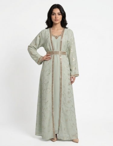 "Layali" 2-Piece Evening Jalabiya Set with Beadwork & Royal Belt.