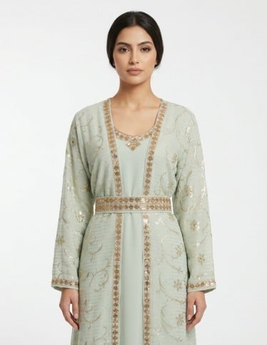 "Layali" 2-Piece Evening Jalabiya Set with Beadwork & Royal Belt.