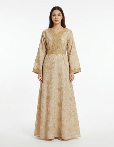 "Desert Pearl" Luxury Beige Jalabiya with All-over Kasab & Sequin Embroidery.